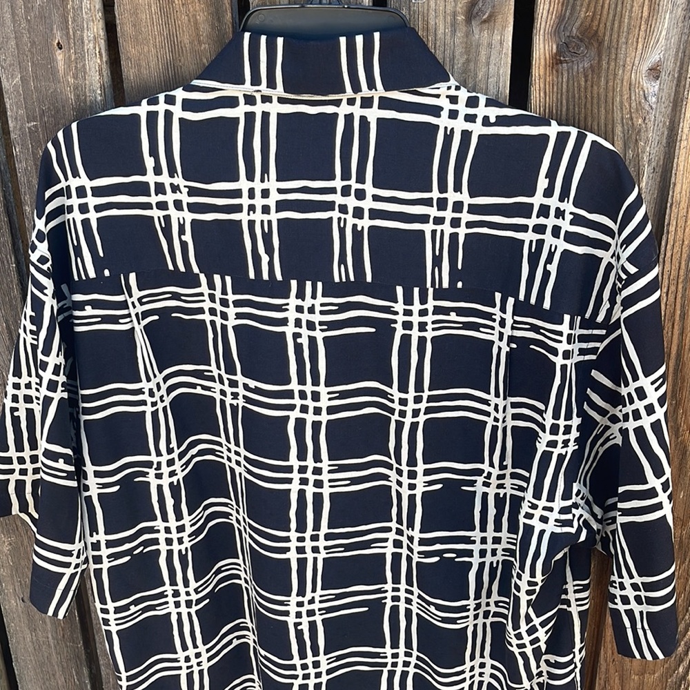 Bullock & Jones M Men's Silk Black Cream Plaid Shirt Short Sleeves Medium Dressy - Picture 7 of 8